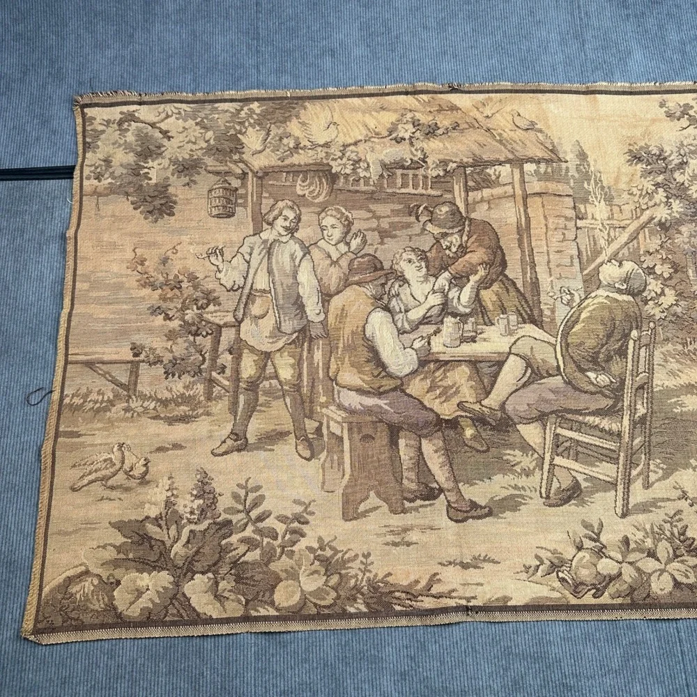 Vintage Made in Belgium Woven Wall‎ Tapestry Tavern Scene European Textile Art
